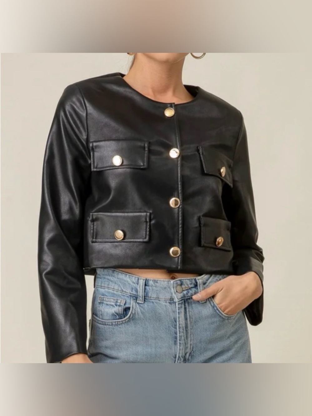 Line & dot leather jacket with gold buttons